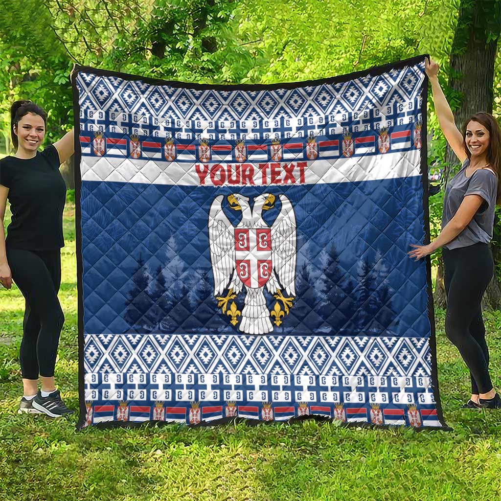 Blue Serbia quilt blanket with eagle crest, 'YOUR TEXT' band, and geometric border