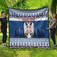Blue Serbia quilt blanket with eagle crest, 'YOUR TEXT' band, and geometric border