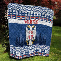 Blue Serbia quilt blanket with large eagle crest, 'YOUR TEXT' stripe, and patterned edges