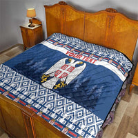 Blue quilt blanket for bed with eagle crest, 'YOUR TEXT' stripe, and diamond border