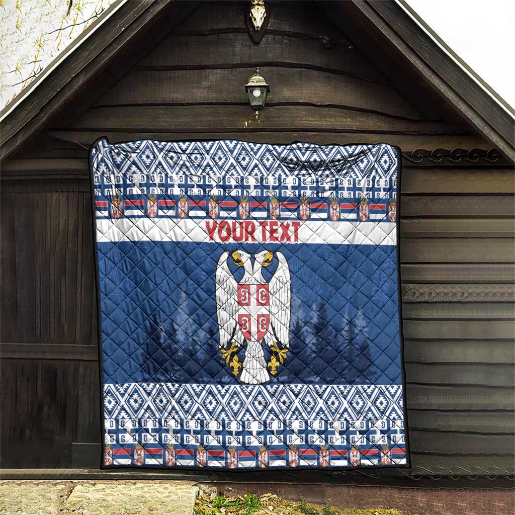 Blue Serbia quilt blanket with eagle crest, 'YOUR TEXT' stripe, and repeating motif border