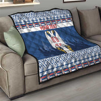 Blue Serbia quilt blanket with eagle crest, 'YOUR TEXT' stripe, and geometric border