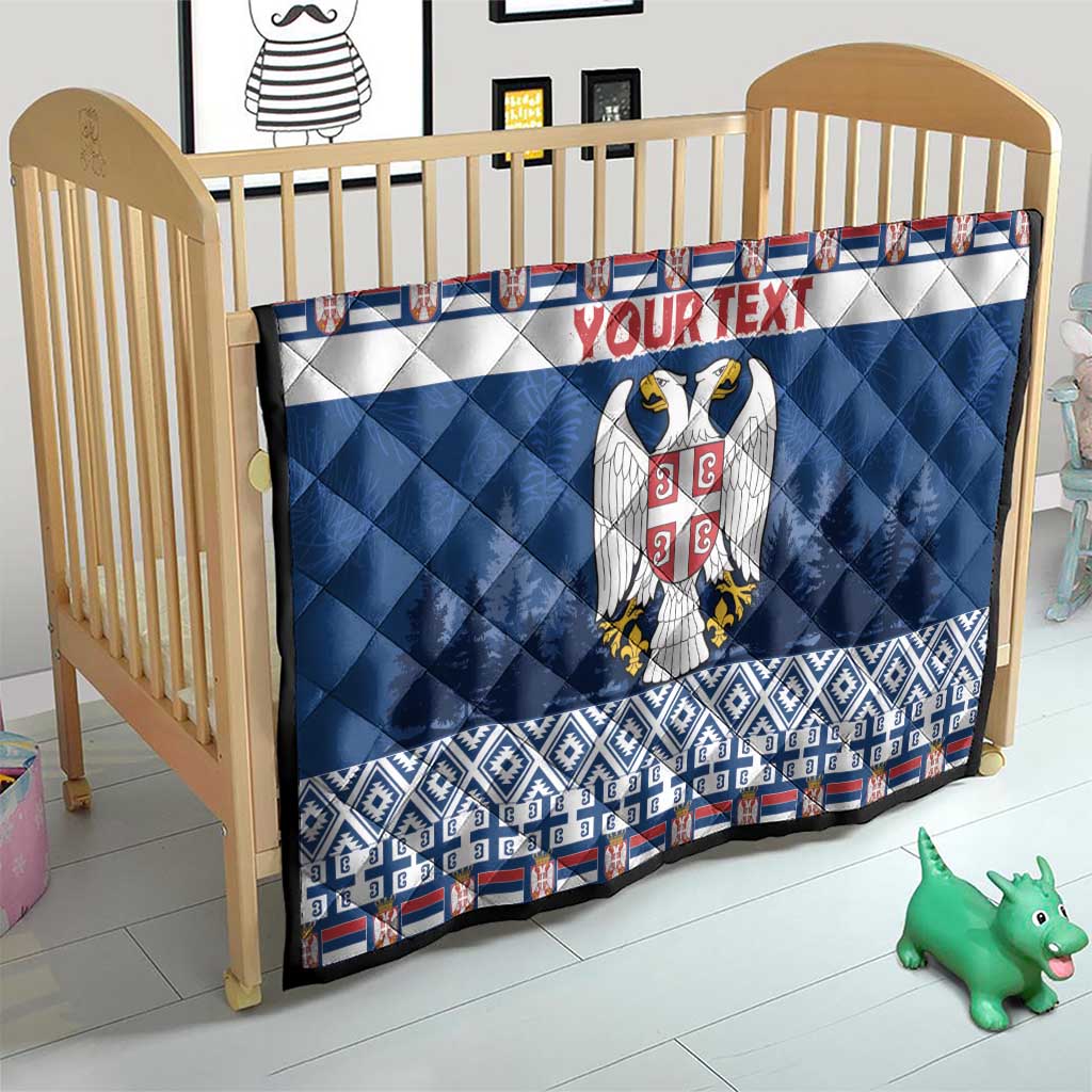 Blue Serbia quilt blanket with eagle crest, 'YOUR TEXT' stripe, and patterned border