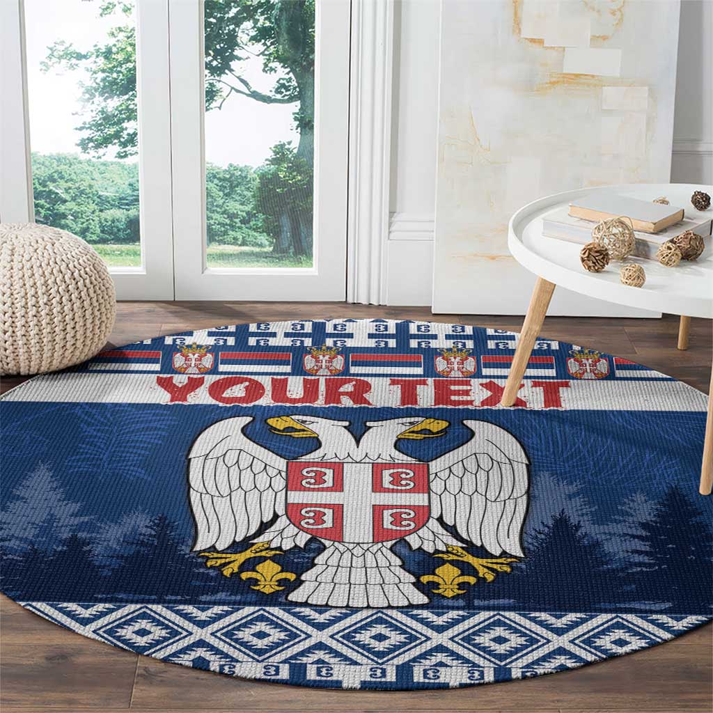 Blue round Serbia coat of arms rug with pine tree backdrop and diamond border