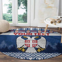 Blue round Serbia coat of arms rug with pine tree backdrop and diamond border