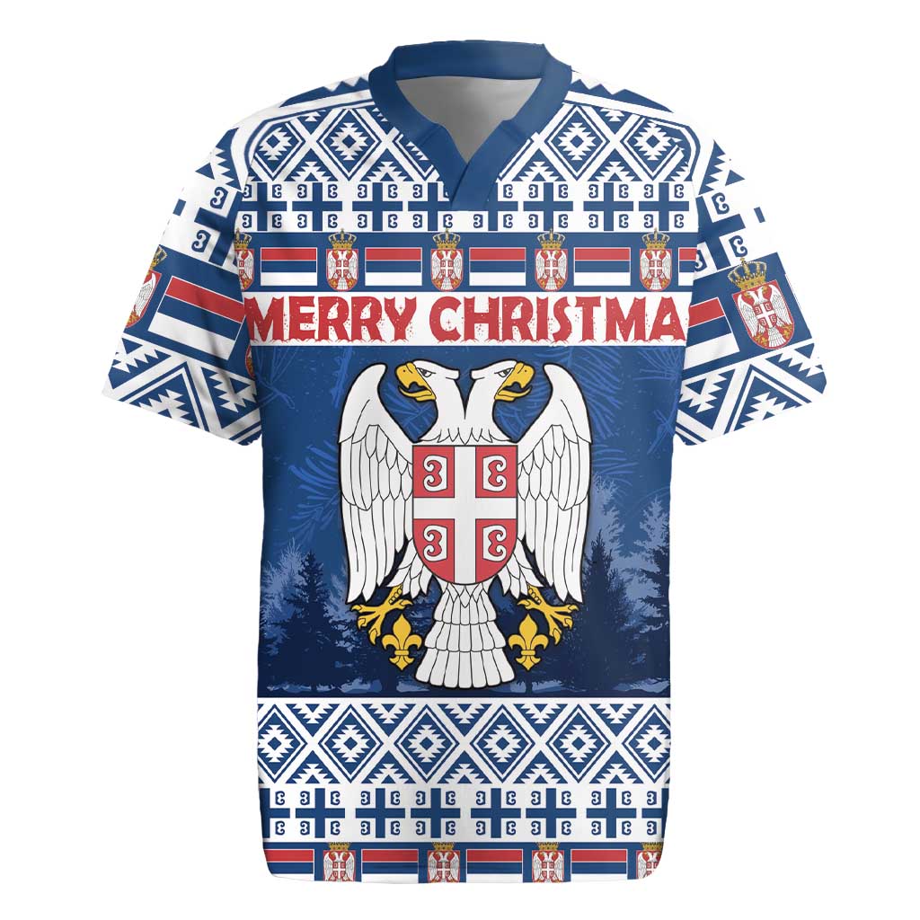 Personalized Serbia Christmas Rugby Jersey Coat Of Arms - Blue Version - Wonder Print Shop