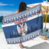Blue Serbia coat of arms sarong with patterned border and 'YOUR TEXT' band