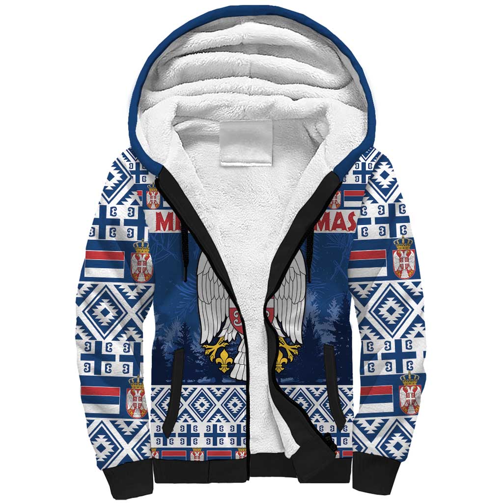 Personalized Serbia Christmas Sherpa Hoodie Coat Of Arms - Blue Version - Wonder Print Shop