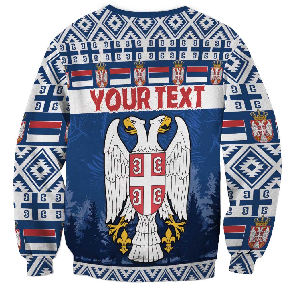Blue crewneck sweatshirt with crest and 'YOURTEXT' across front, eagle graphic
