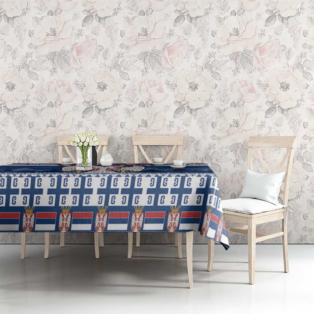 Blue personalized Serbia tablecloth featuring coat of arms band and geometric border.