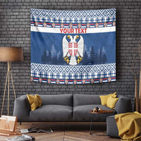 Blue Serbia coat of arms Christmas tapestry with centered eagle emblem and 'YOUR TEXT'