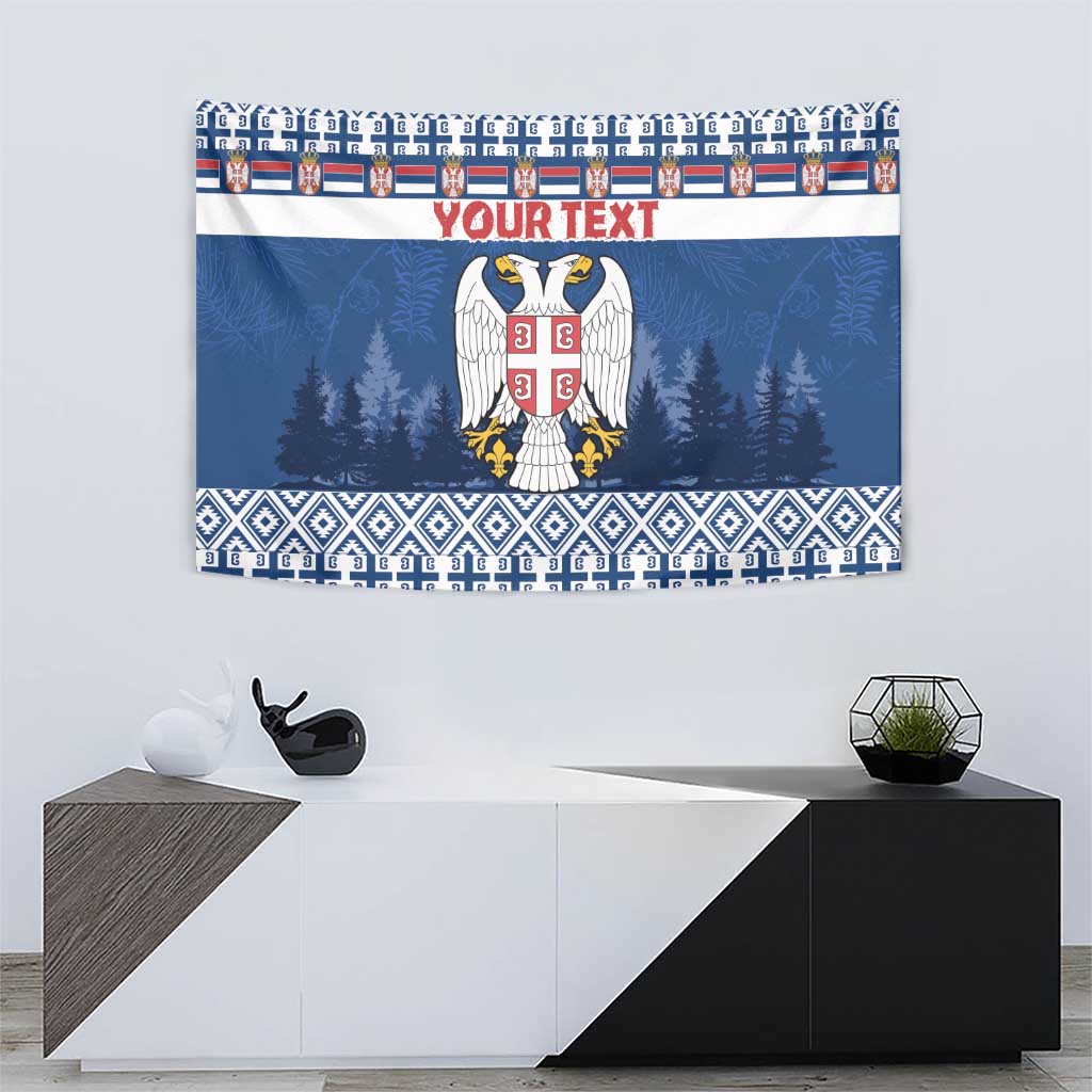 Blue Serbia coat of arms Christmas tapestry with eagle emblem, tree silhouettes, 'YOUR TEXT'