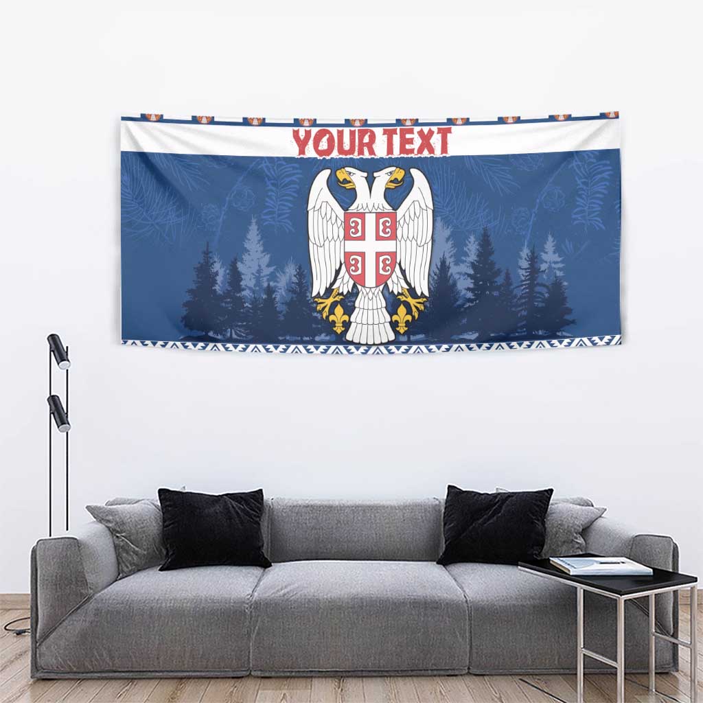 Blue Serbia coat of arms Christmas tapestry with bold eagle emblem and 'YOUR TEXT'