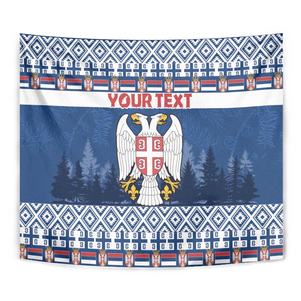 Blue Serbia coat of arms tapestry with patterned borders, eagle crest, and 'YOUR TEXT'