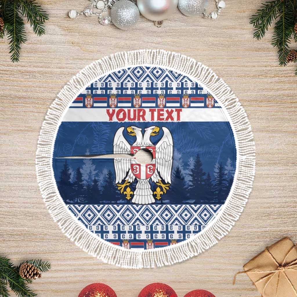 Round blue Christmas tree skirt featuring Serbia crest, pine trees, and white fringe border
