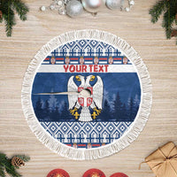 Round blue Christmas tree skirt featuring Serbia crest, pine trees, and white fringe border