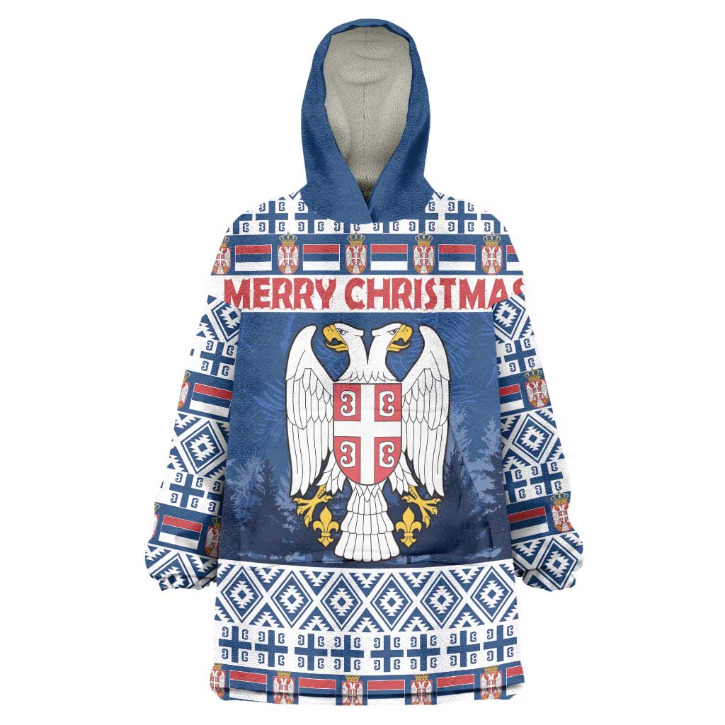 Personalized Serbia Christmas Wearable Blanket Hoodie Coat Of Arms - Blue Version - Wonder Print Shop