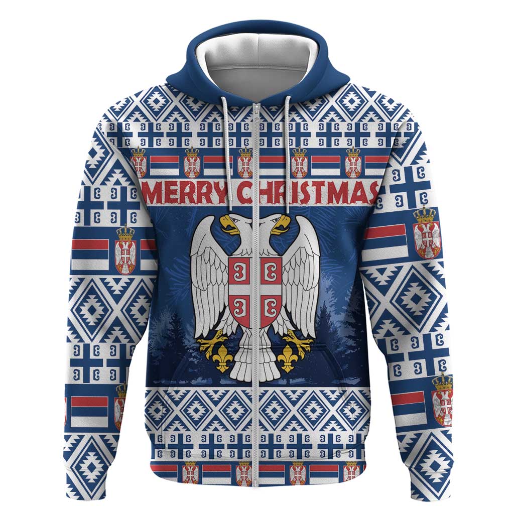 Personalized Serbia Christmas Zip Hoodie Coat Of Arms - Blue Version - Wonder Print Shop