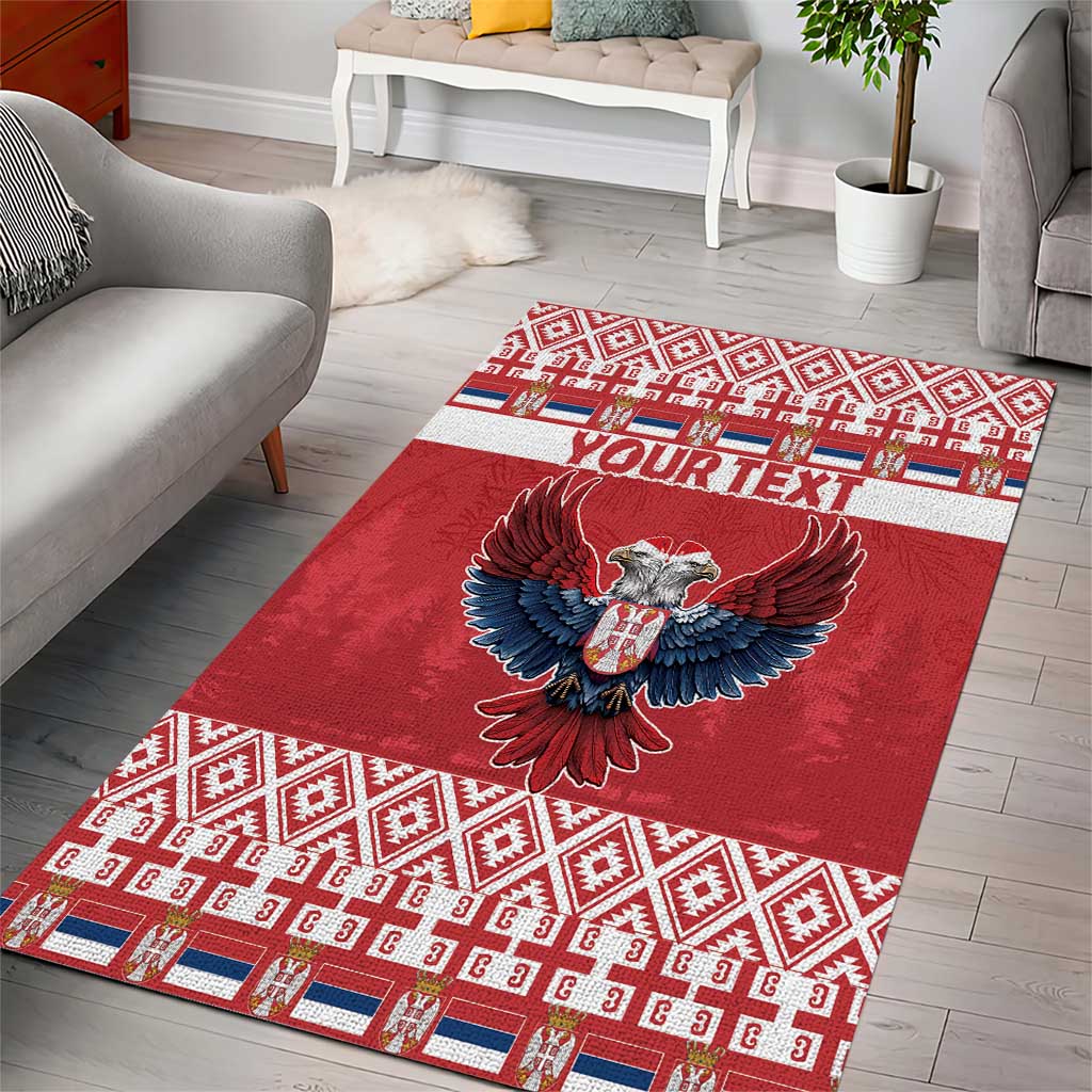 Red area rug featuring a double-headed eagle center with "YOUR TEXT"