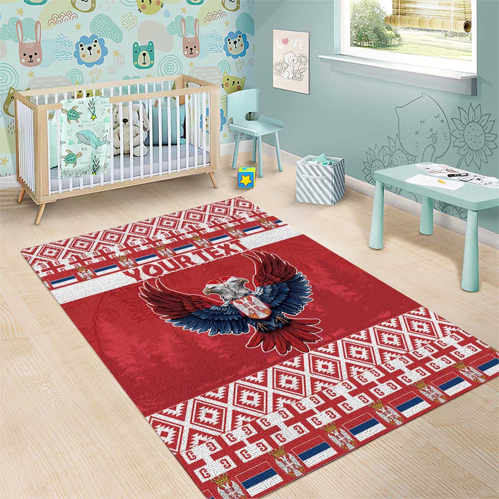 Red area rug with double-headed eagle in center and "YOUR TEXT" on top band