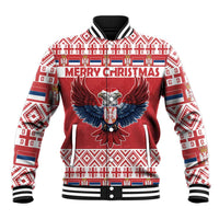 Red baseball jacket with double-headed eagle graphic, festive patterns, ribbed black hem