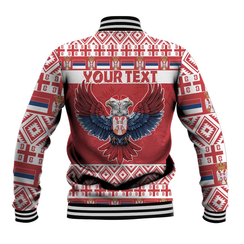 Red baseball jacket back with double-headed eagle crest, festive banded trim and ribbed cuffs
