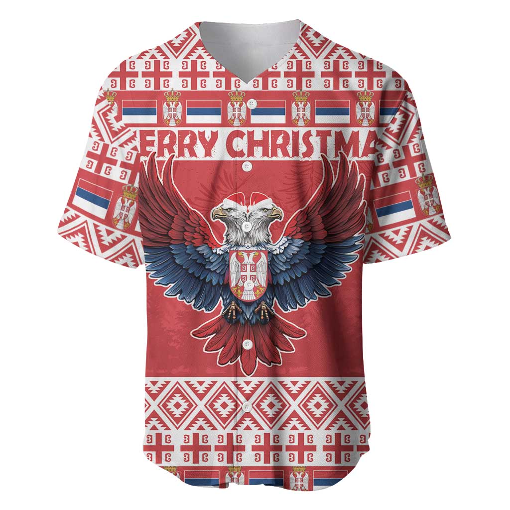 Red baseball jersey with double-headed eagle, “MERRY CHRISTMAS” and festive border