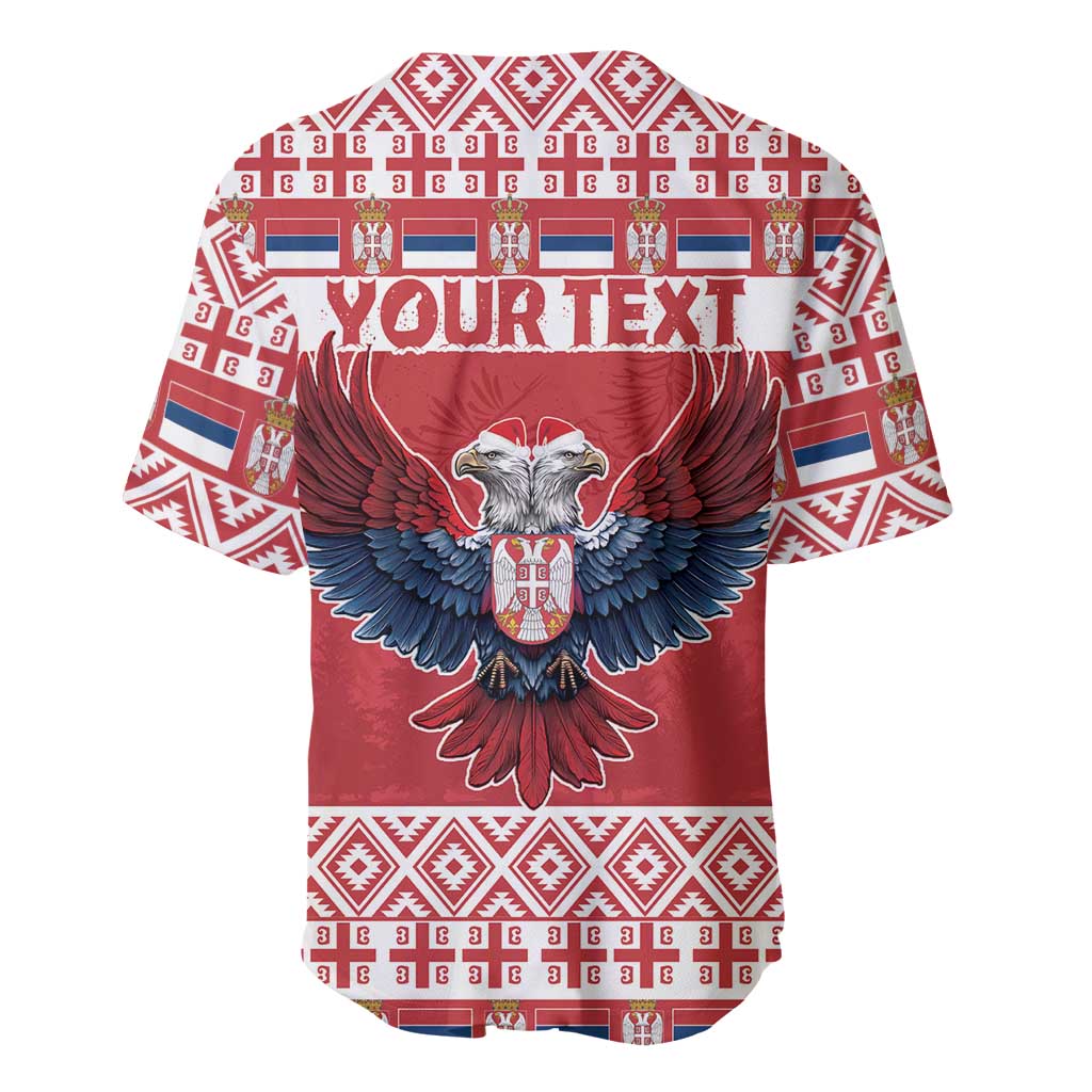 Red baseball jersey with double-headed eagle, “YOUR TEXT” and holiday geometric pattern