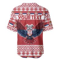Red baseball jersey with double-headed eagle, “YOUR TEXT” and holiday geometric pattern