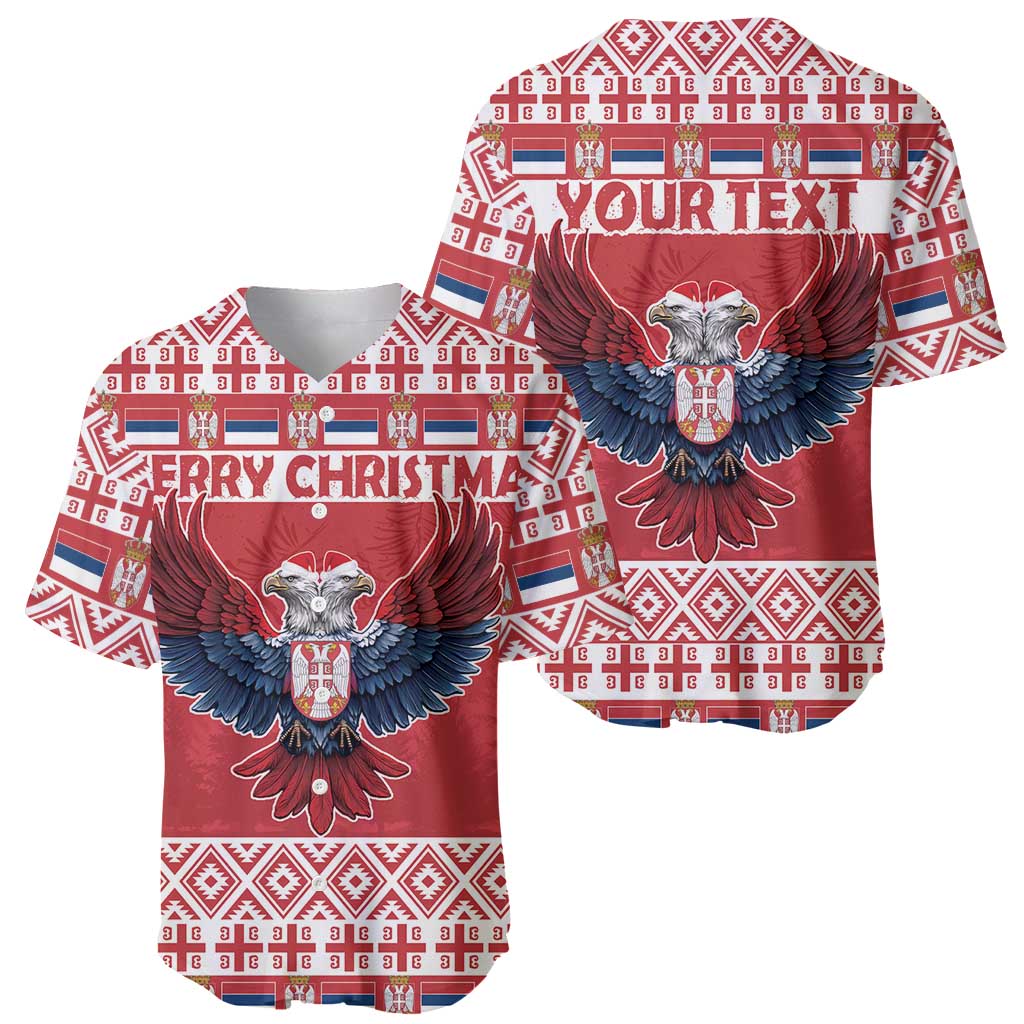 Two red baseball jerseys with double-headed eagle and holiday text: “MERRY CHRISTMAS” and “YOUR TEXT”