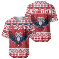 Two red baseball jerseys with double-headed eagle and holiday text: “MERRY CHRISTMAS” and “YOUR TEXT”