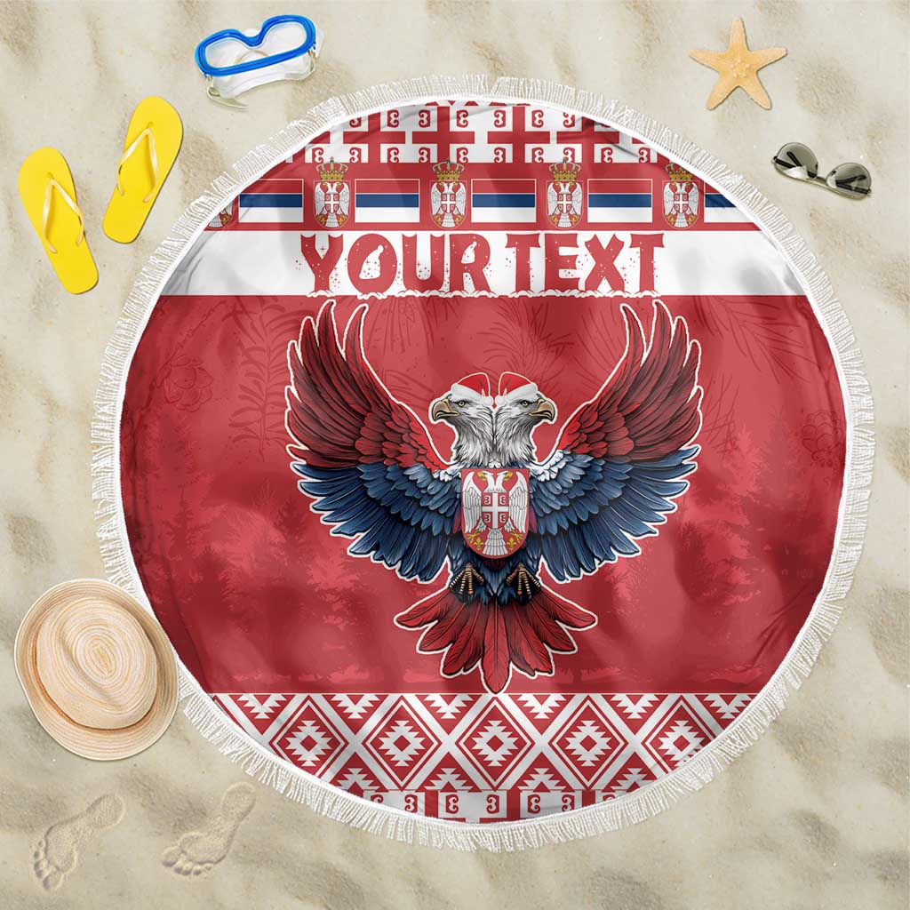 Red round beach blanket with fringe edge, double-headed eagle and “YOUR TEXT” banner