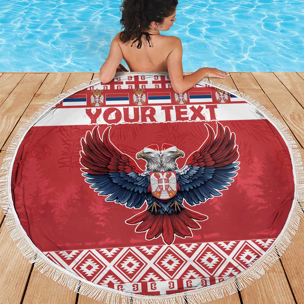 Red round beach blanket with fringe edge featuring double-headed eagle and “YOUR TEXT”