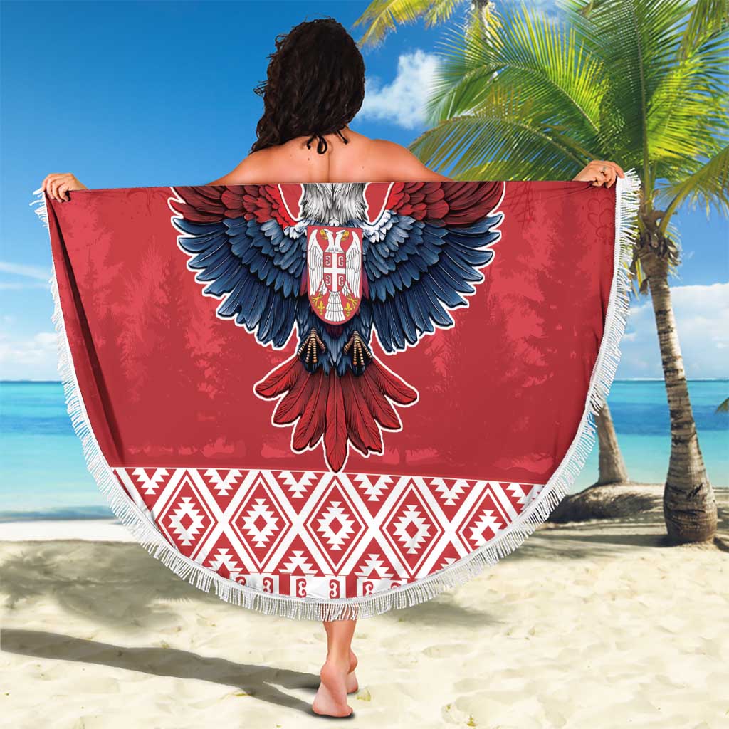 Red round beach blanket with fringe edge, double-headed eagle center and “YOUR TEXT”