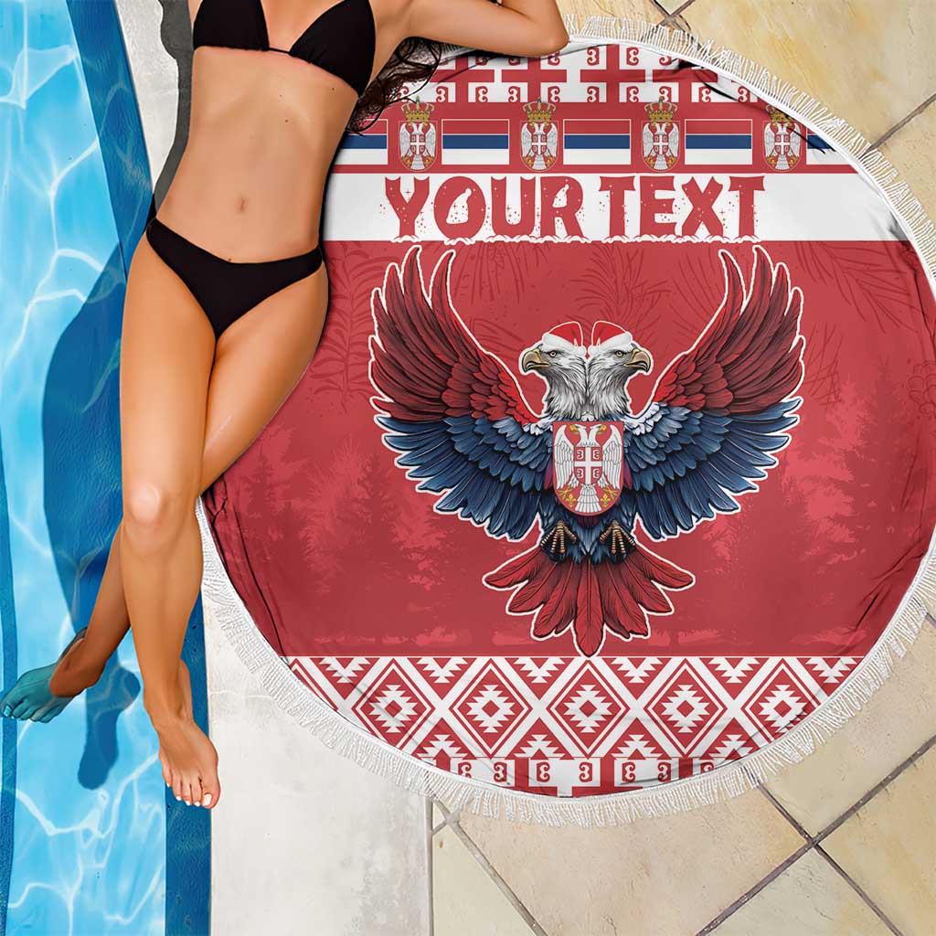 Red round beach blanket with fringe edge, double-headed eagle and “YOUR TEXT” design