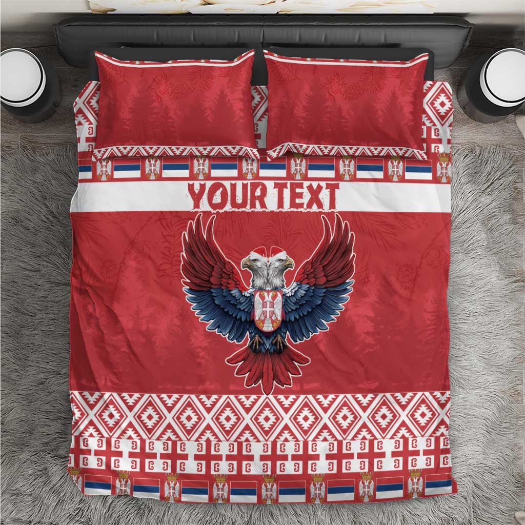 Red bedding set with eagle graphic, white stripe band, and patterned border; includes pillowcases