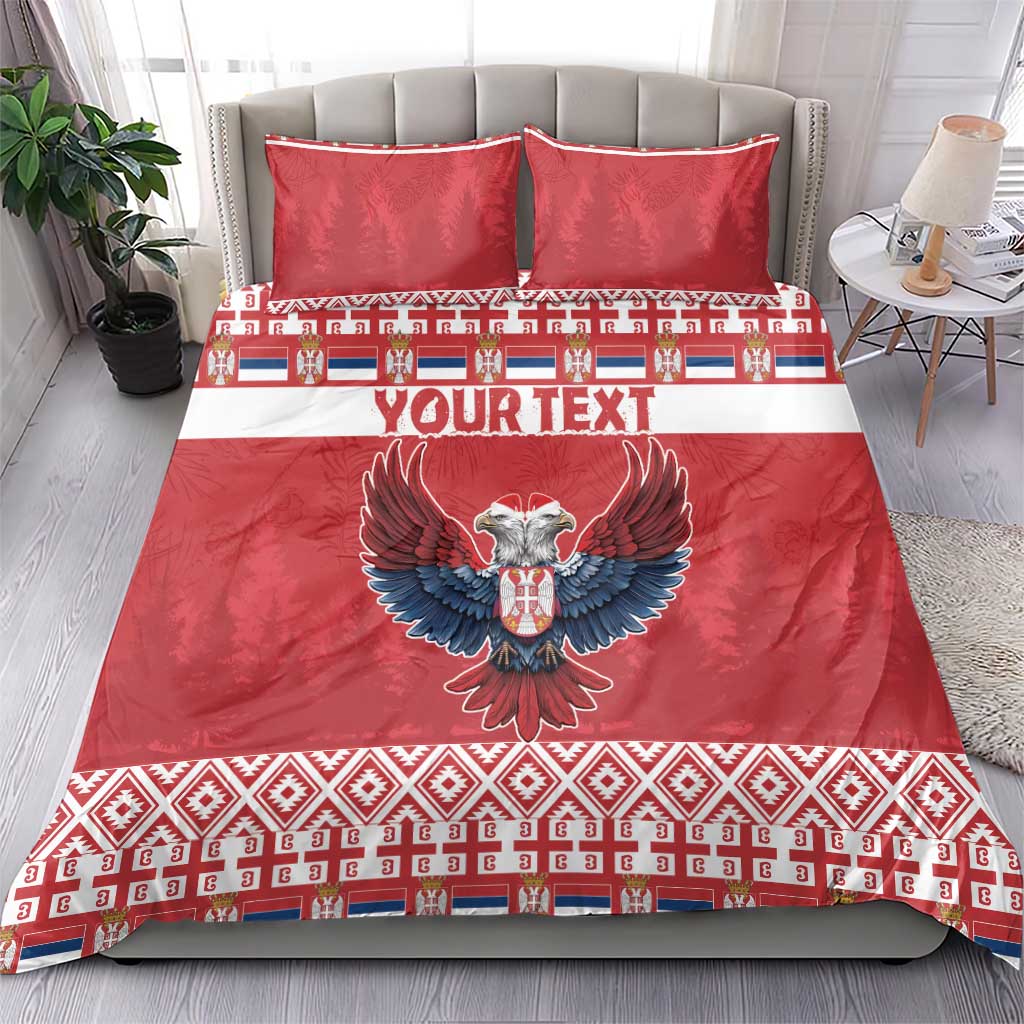 Red duvet bedding set with eagle emblem, “YOUR TEXT” band, and festive pattern; two matching pillows
