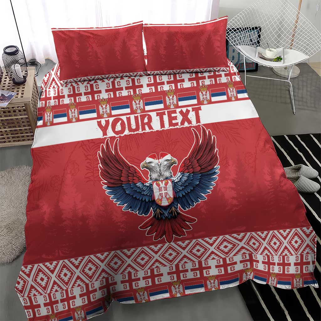 Red bedding set with large eagle emblem, “YOUR TEXT” stripe, and geometric festive border