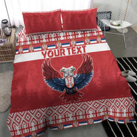 Red bedding set with large eagle emblem, “YOUR TEXT” stripe, and geometric festive border