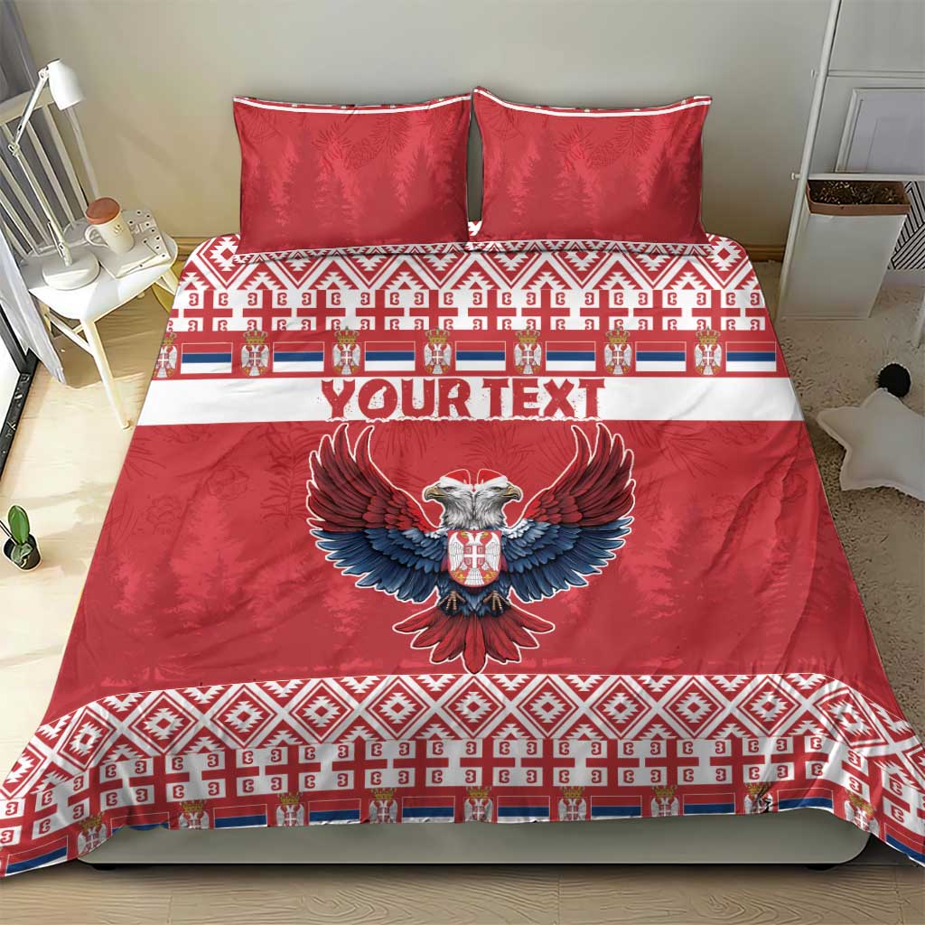 Red duvet and pillow set featuring eagle emblem, “YOUR TEXT” stripe, and patterned trim
