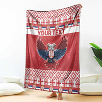 Red personalized Christmas blanket featuring double-headed eagle center and festive geometric border