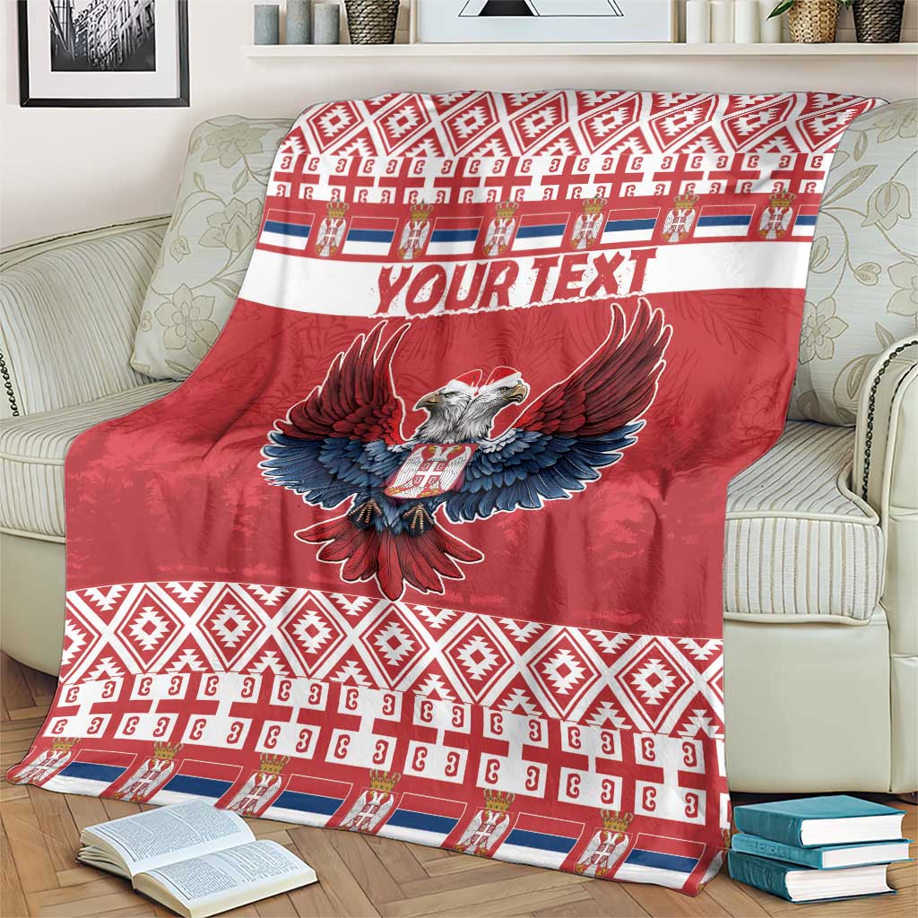 Red personalized Christmas blanket with double-headed eagle graphic and geometric pattern bands