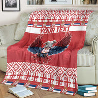 Red personalized Christmas blanket with double-headed eagle graphic and geometric pattern bands