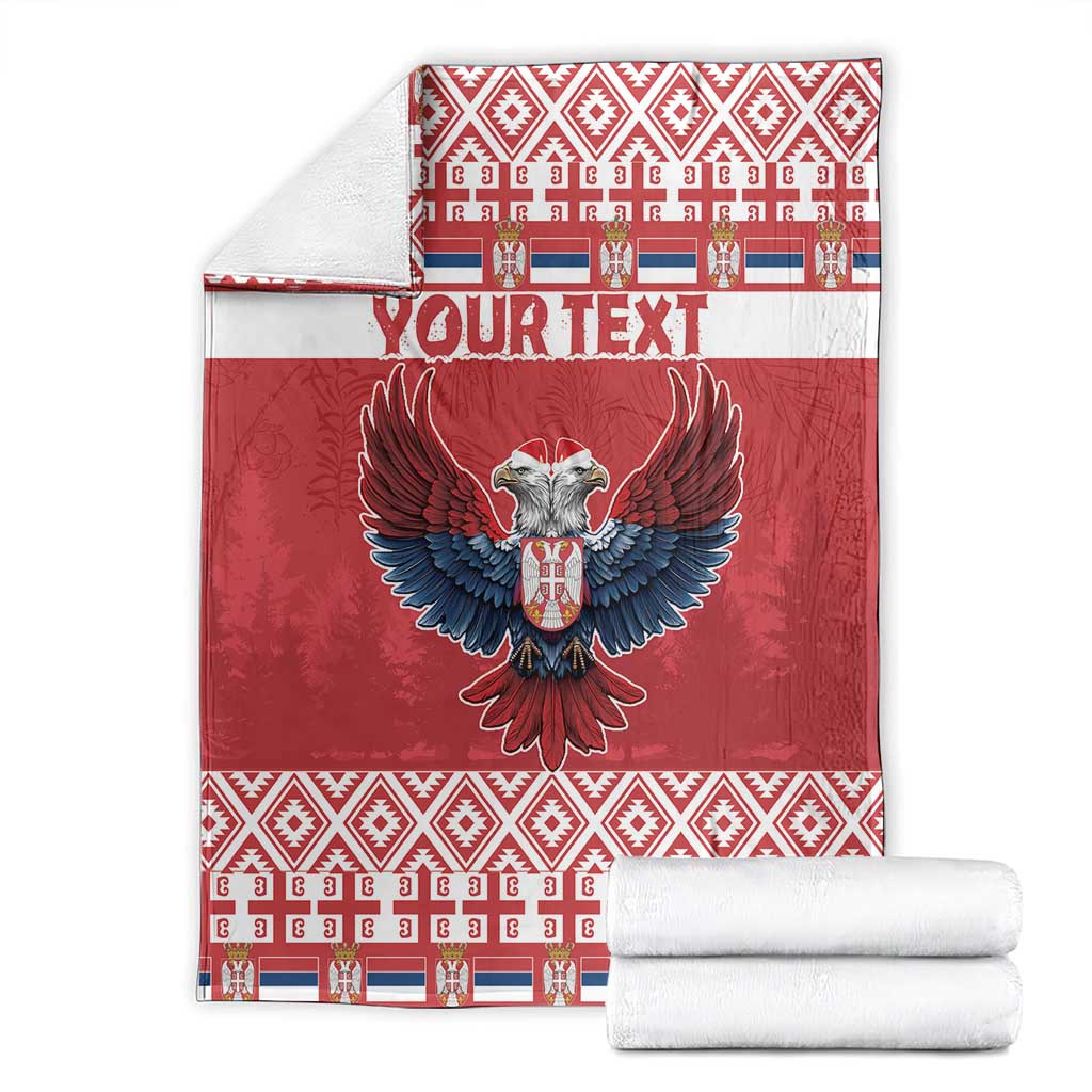 Red personalized Christmas blanket with double-headed eagle emblem, your text, and matching folded stack