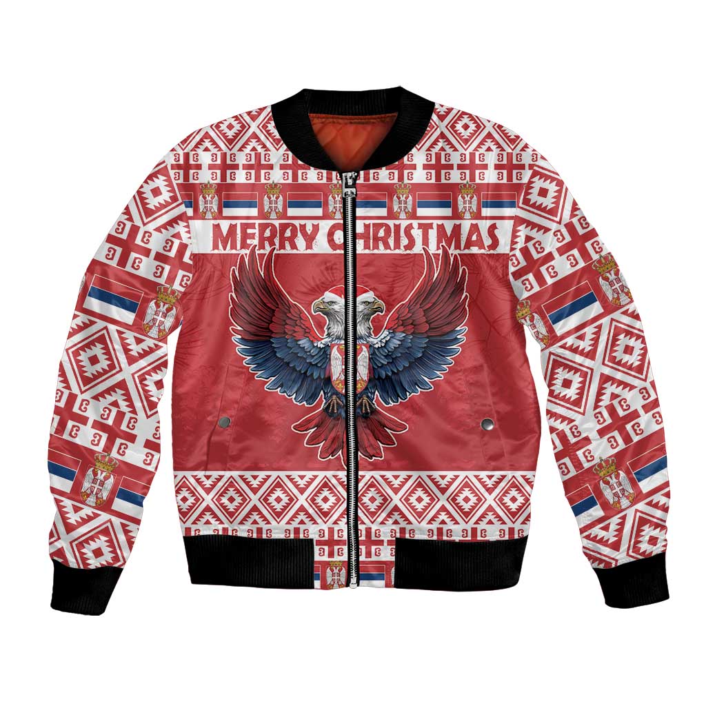 Red bomber jacket with ribbed collar, front zipper, eagle center graphic and holiday pattern