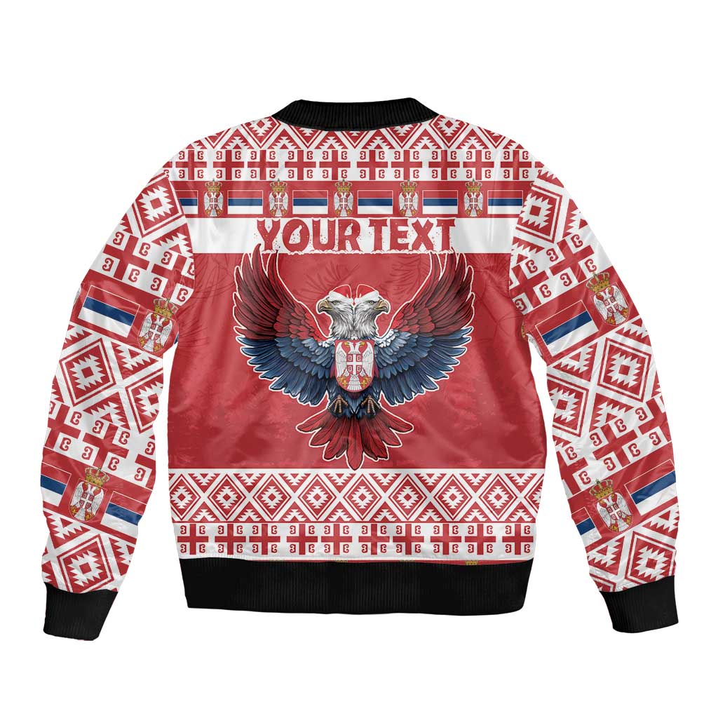 Red bomber jacket with ribbed hem and cuffs, back eagle graphic with “YOUR TEXT”