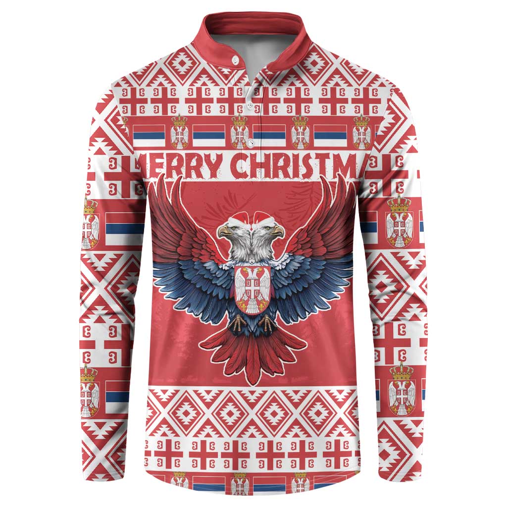 Red Christmas button sweatshirt with double-headed eagle graphic and festive pattern