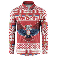 Red Christmas button sweatshirt with double-headed eagle graphic and festive pattern