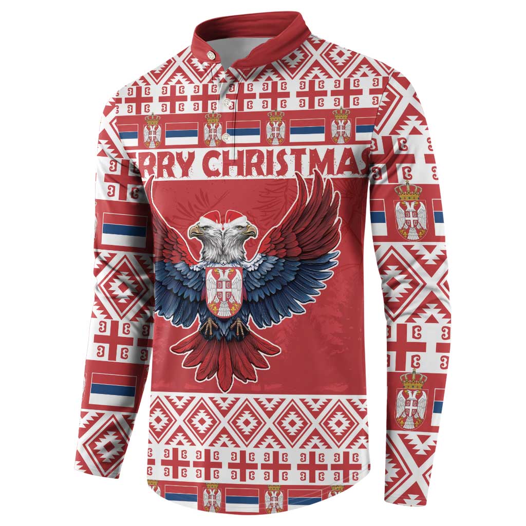 Red Christmas button sweatshirt with large double-headed eagle emblem and patterned sleeves