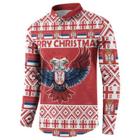 Red Christmas button sweatshirt with large double-headed eagle emblem and patterned sleeves